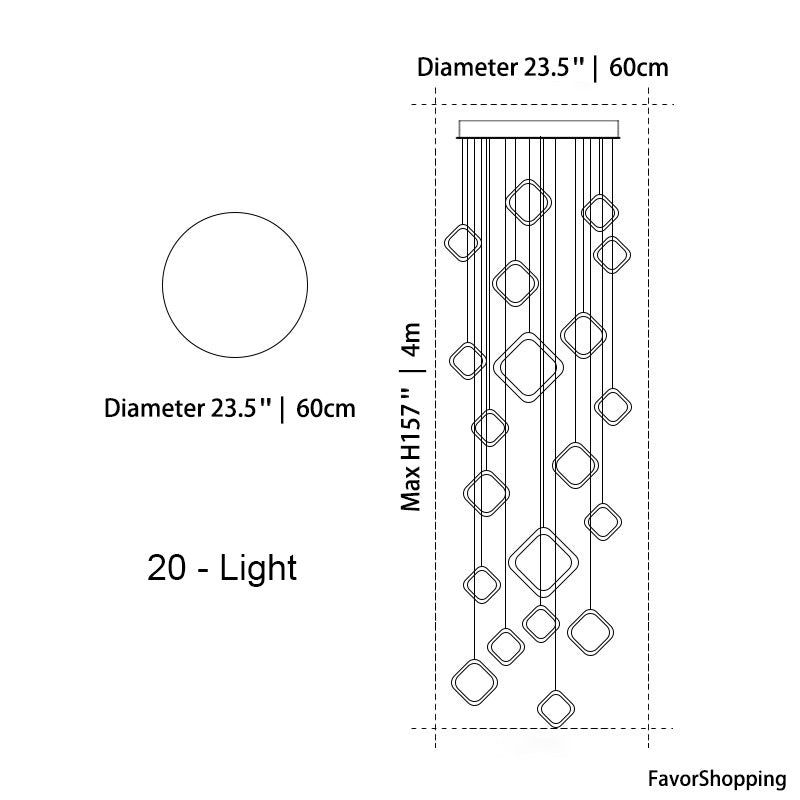 Asymmetrical Bola Halo LED Staircase Chandelier in Black/Gold for Split Level Entryway