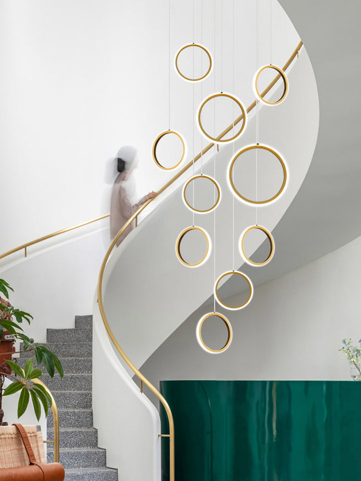 Asymmetrical Bola Halo LED Staircase Chandelier in Black/Gold for Split Level Entryway