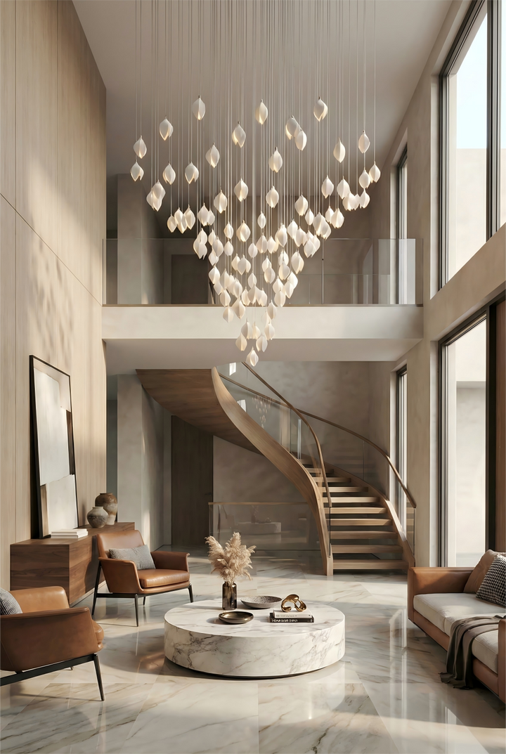 Modern interior with a large chandelier, marble floor, and staircase.