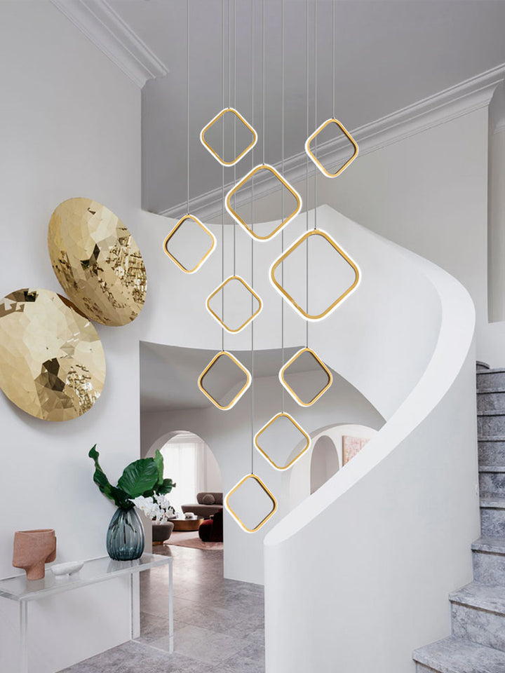 Asymmetrical LED ChandelieraAsymmetrical Bola Halo LED Staircase Chandelier in Black/Gold for Split Level Entryway