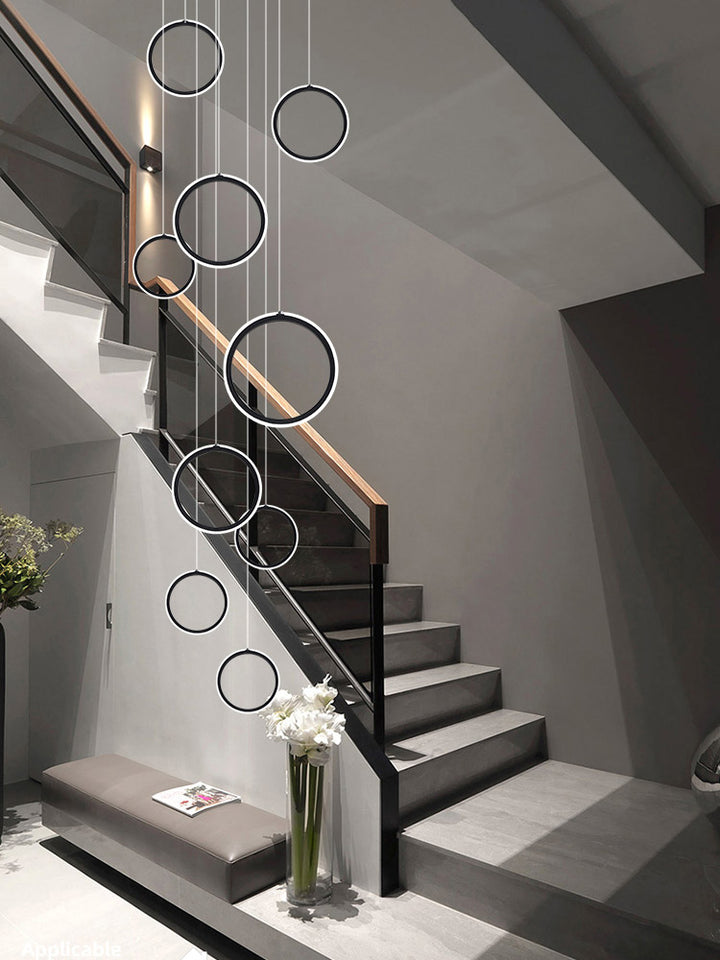 Asymmetrical Bola Halo LED Staircase Chandelier in Black/Gold for Split Level Entryway