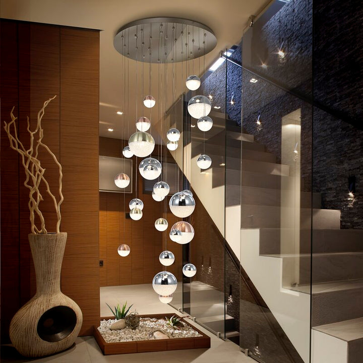 Splendid LED Glass Ball Entryway Chandelier for Lobby and High Ceiling Restaurant Bar Decor