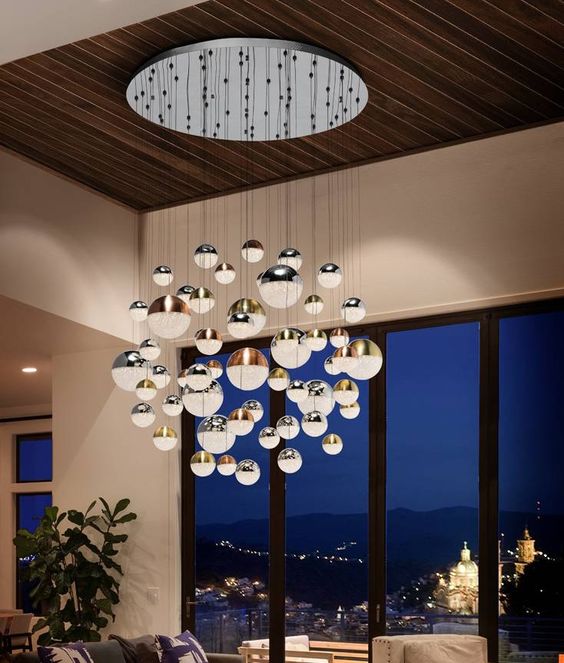 Splendid LED Glass Ball Entryway Chandelier for Lobby and High Ceiling Restaurant Bar Decor