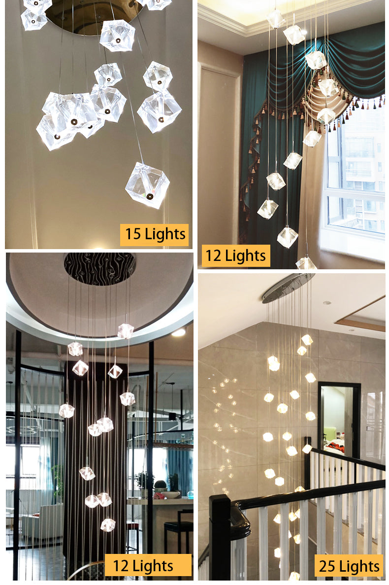 Ice Cube Transparent Crystal Chandelier For High Ceiling And Large Entryway